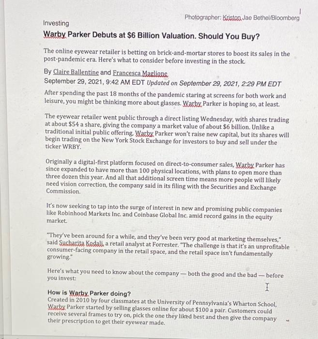 article, "Warby Parker Debuts at $6 Billion Valuation. Should You Buy?" If