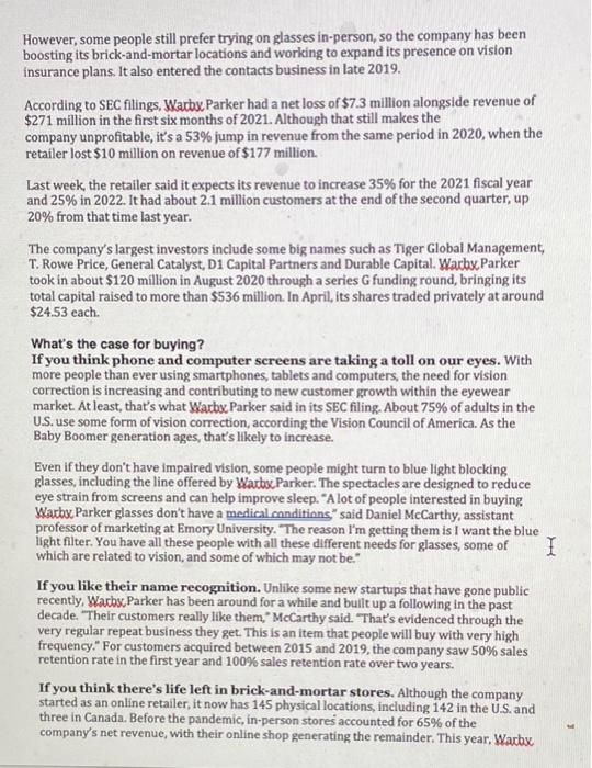 you are the management accountant at Warby Parker, which budget in the