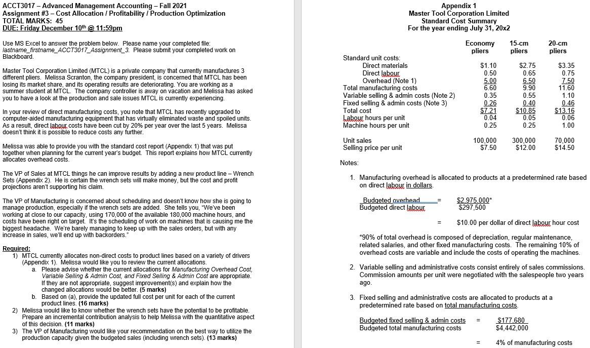  ACCT3017 - Advanced Management Accounting - Fall 2021 Assignment #3 -