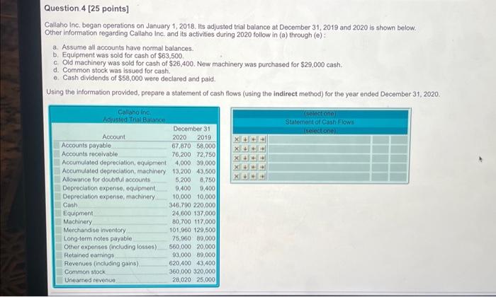 please answer Question 4 [ 25 points] Callaho Inc. began operations on