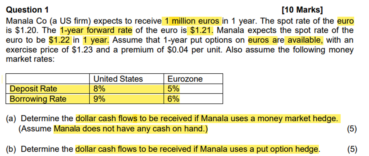  Question 1 [10 Marks] Manala Co (a US firm) expects to