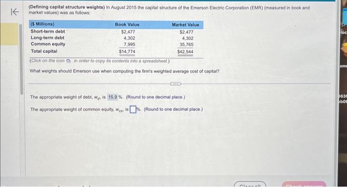  (Defining capital structure weights) In August 2015 the capital structure of