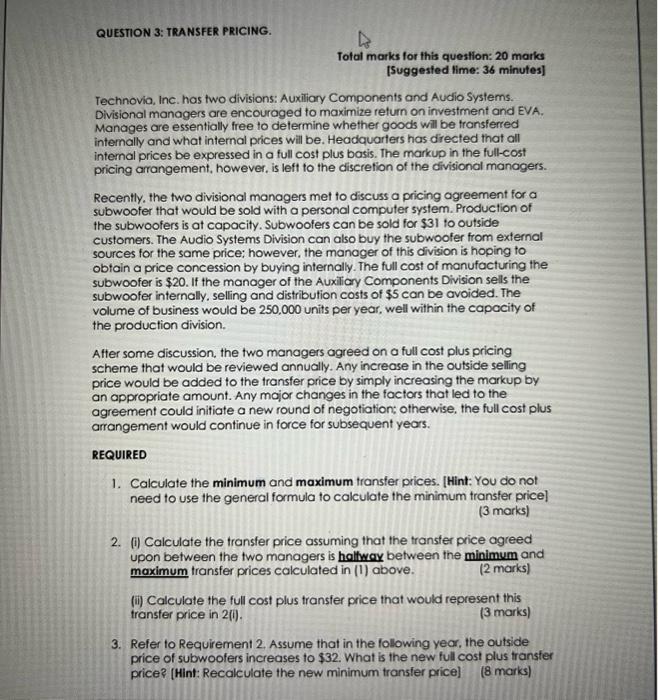 QUESIION 3: TRANSFER PRICING. Total marks for this question: 20 marks