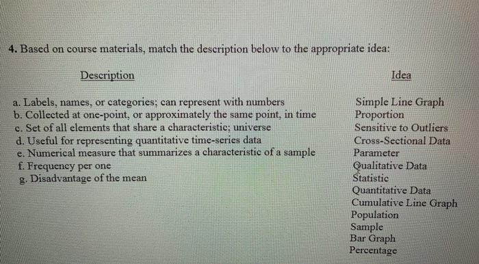  Based on course materials, match the description below to the appropriate