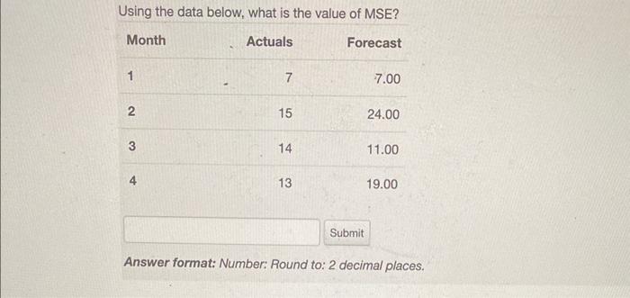 Using the data below, what is the value of MSE? Month 2