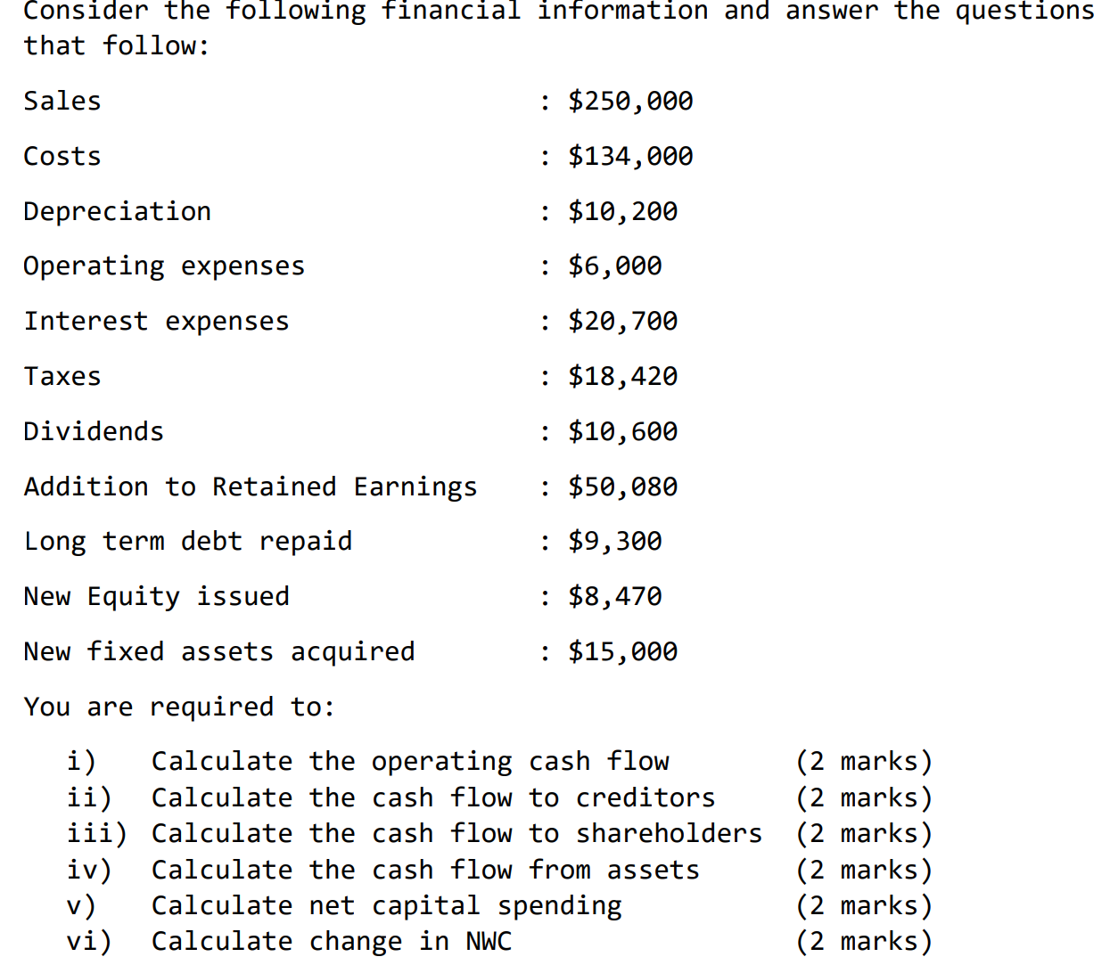Consider the that follow: Sales Costs Depreciation following financial information and $250,000