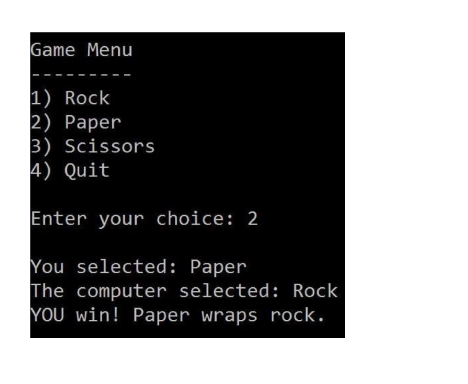 is displayed to the user: Game Menu 1) Rock 2) Paper 3)