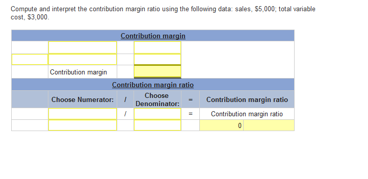 Compute and interpret the contribution margin ratio using the following data: sales,
