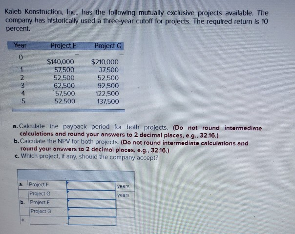 Kaleb Konstruction, Inc., has the following mutually exclusive projects available. The