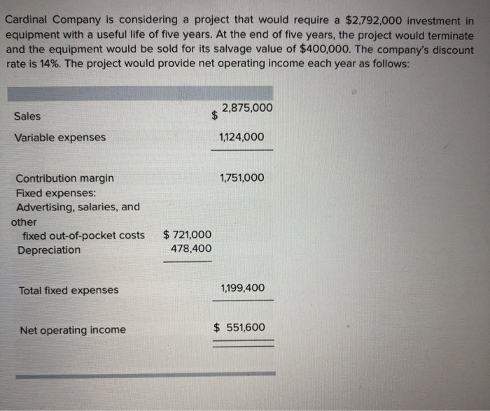  Cardinal Company is considering a project that would require a $2,792,000