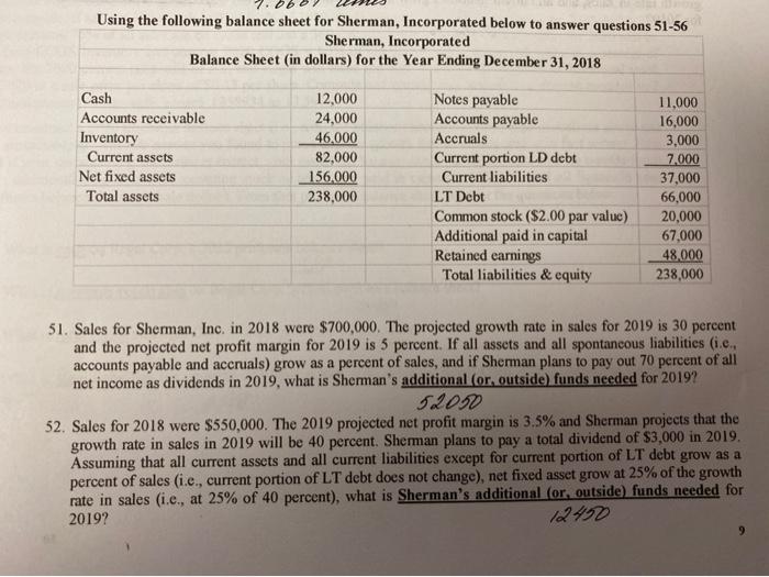  please only answer question 55. Using the following balance sheet for