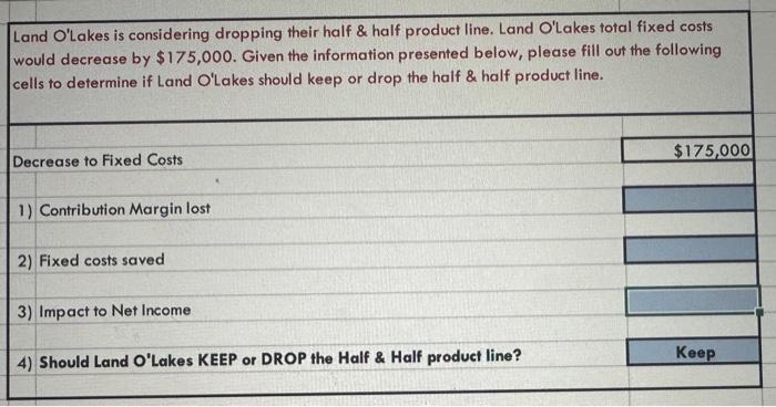 O'Lakes Land O'Lakes is considering dropping their half \& half product line.