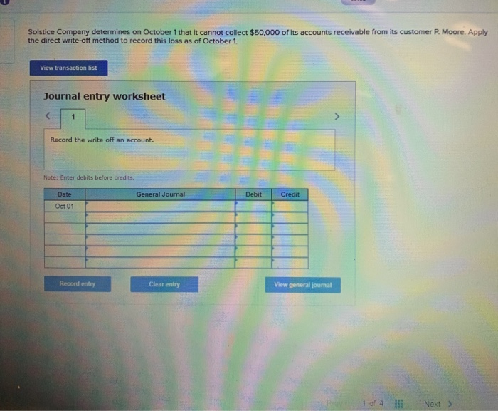  Solstice Company determines on October 1 that it cannot collect $50.000