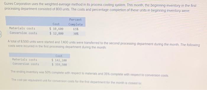  Gunes Corporation uses the weighted average method in its process costing