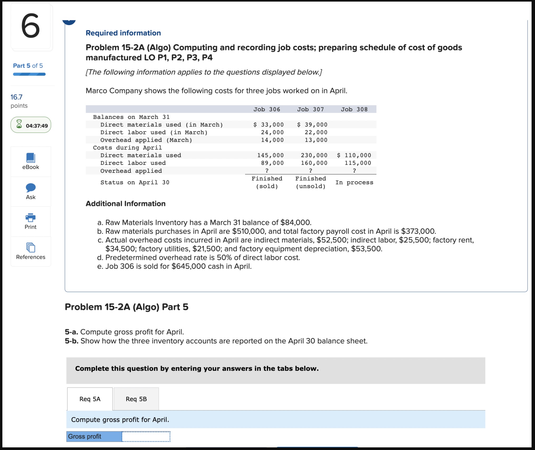  Required information Problem 15-2A (Algo) Computing and recording job costs; preparing