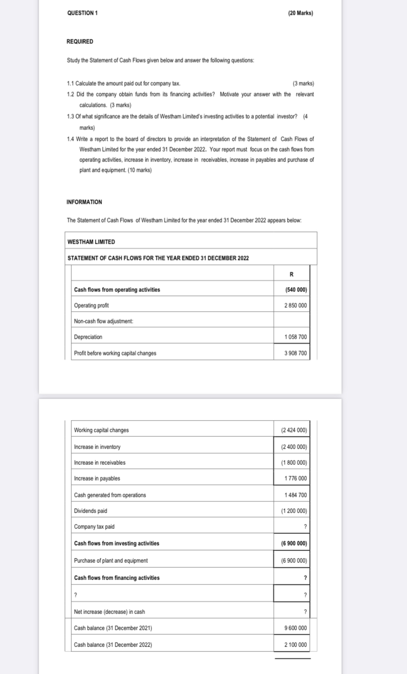  QUESTION 1(20 Marks) REQUIRED Study the statement of cash flows given