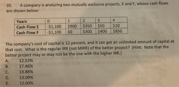  HELP 35. A company is analyzing two mutually exclusive projects, E