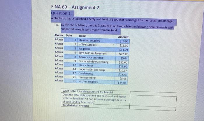  FINA 69 - Assignment 2 Question 1: Alpha Bistro has established
