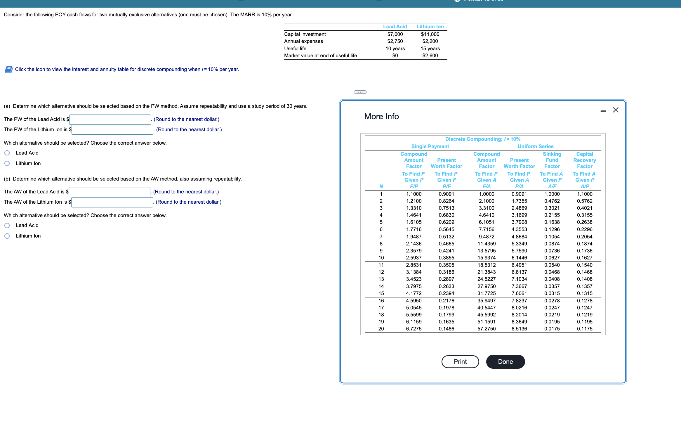  Consider the following EOY cash flows for two mutually exclusive alternatives(one