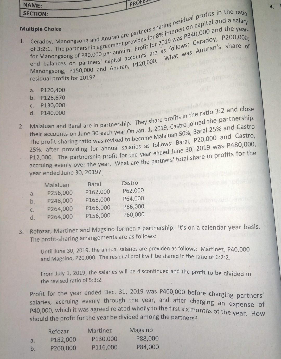  NAME: PRO 4. SECTION: Multiple Choice 1. Ceradoy, Manongsong and Anuran