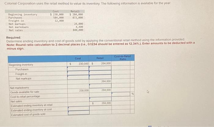 Colonial Corporation uses the retail method to value its inventory. The following