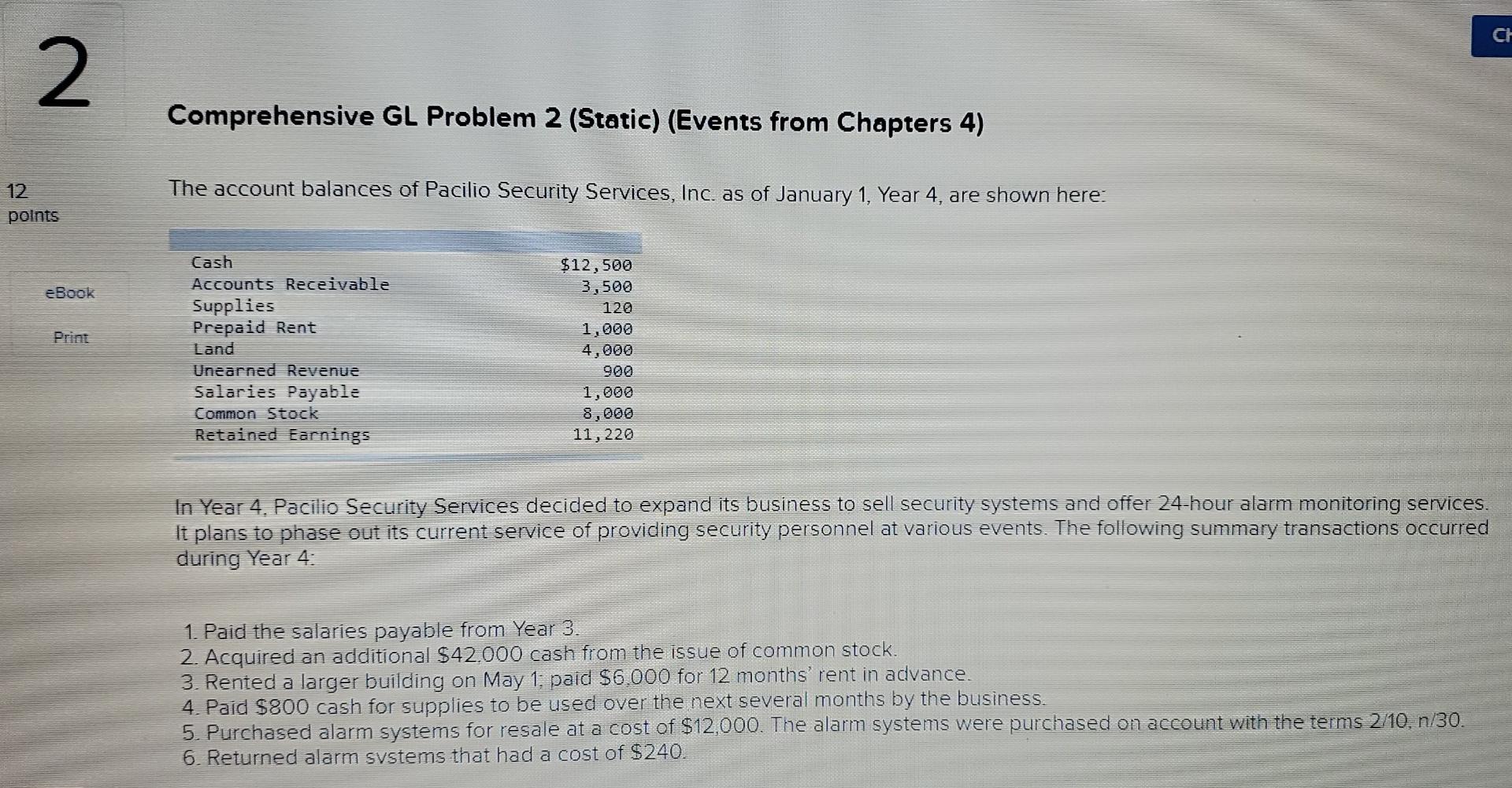  2 Comprehensive GL Problem 2 (Static) (Events from Chapters 4) The