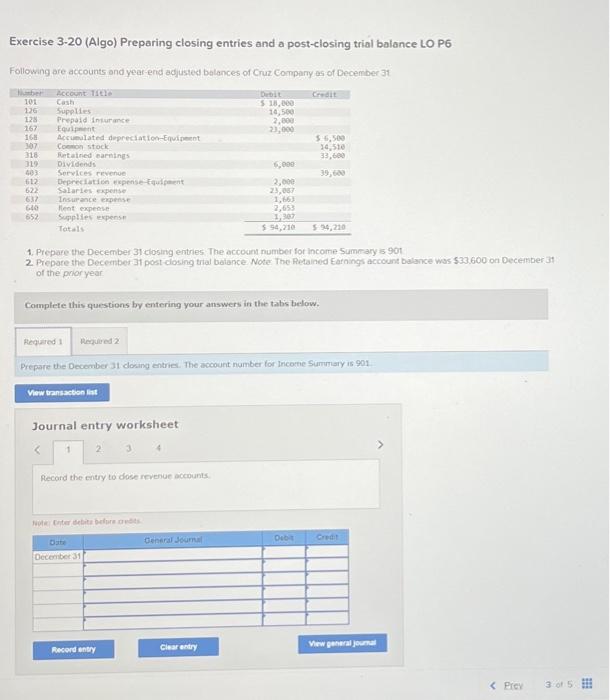  Exercise 3-20 (Algo) Preparing closing entries and a post-closing trial balance