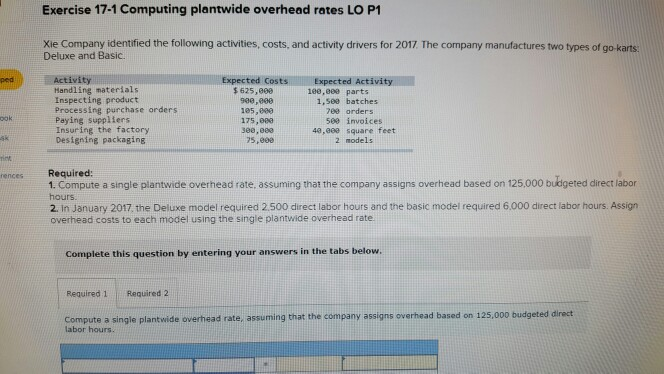please help solve Exercise 17-1 Computing plantwide overhead rates LO P1 Xie