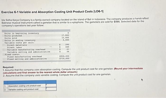  Exercise 6-1 Variable and Absorption Costing Unit Product Costs [LO6-1] Ida