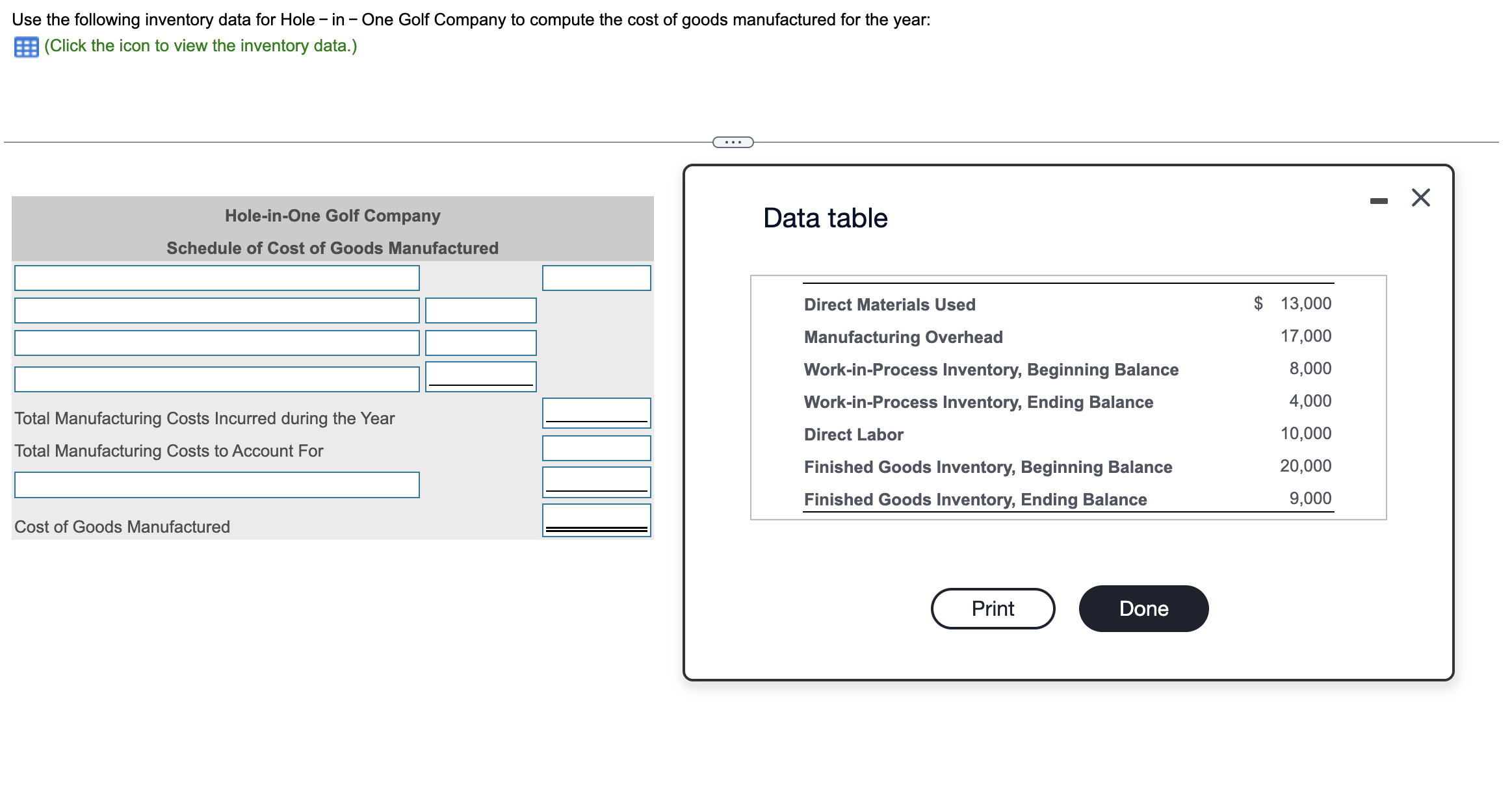 Use the following inventory data for Hole - in - One Golf