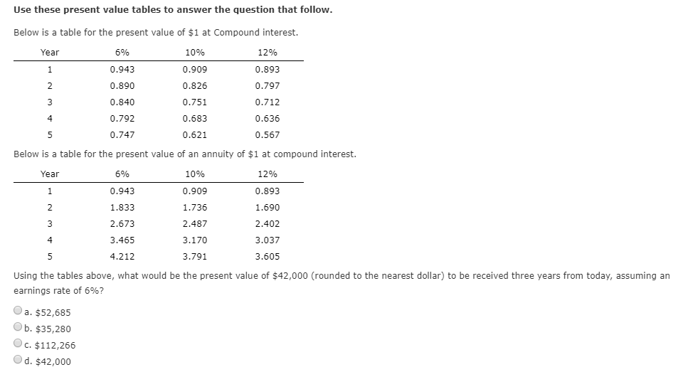  Use these present value tables to answer the question that follow