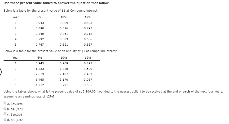 Use these present value tables to answer the question that follow