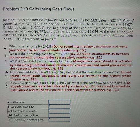  Problem 2-19 Calculating Cash Flows Martinez Industries had the following operating
