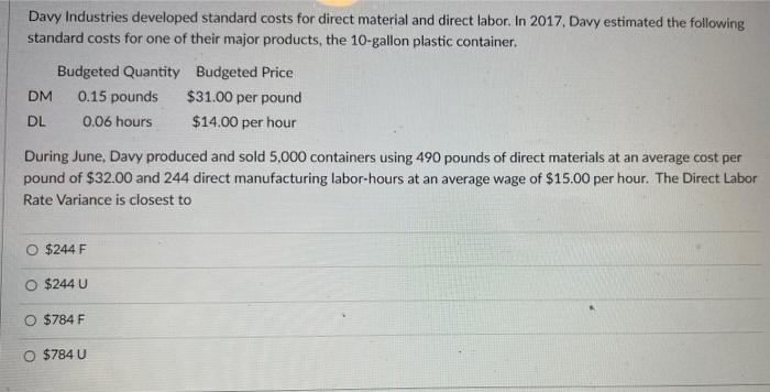 per pound DL 0.06 hours $14.00 per hour During June, Davy produced