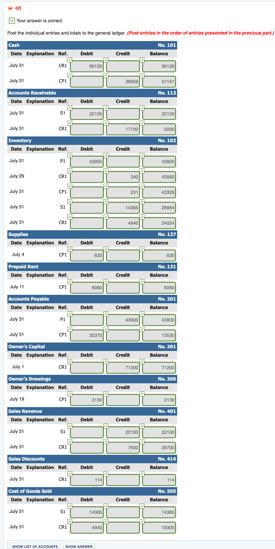 201 Accounts Payable 729 Rent Expense 301 Owner's Capital Presented below are