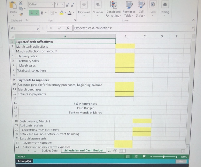 Cash Budget and the related Schedules for Expected cash collections and Payments