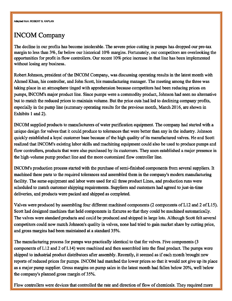 To answer Q3 only Adapted from: ROBERT S. KAPLAN INCOM Company The