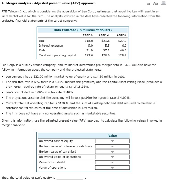  4. Merger analysis - Adjusted present value (APV) approach Aa Aa