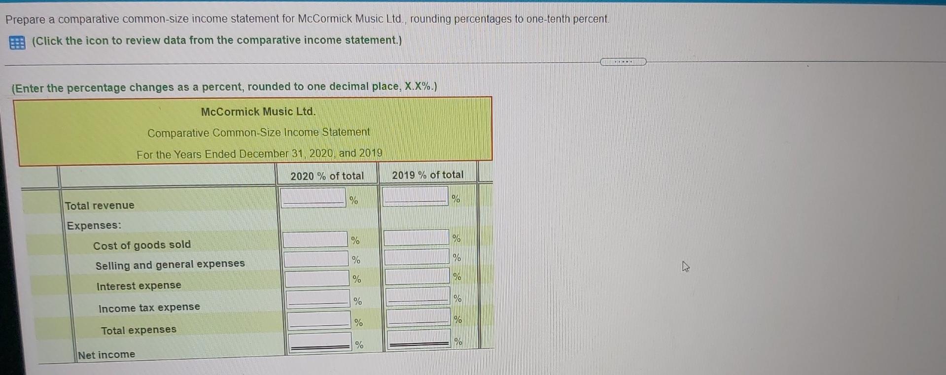  Prepare a comparative common-size income statement for McCormick Music Ltd., rounding