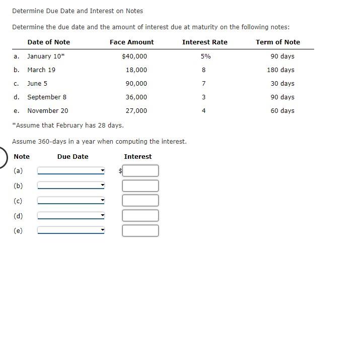 Determine Due Date and Interest on Notes Determine the due date