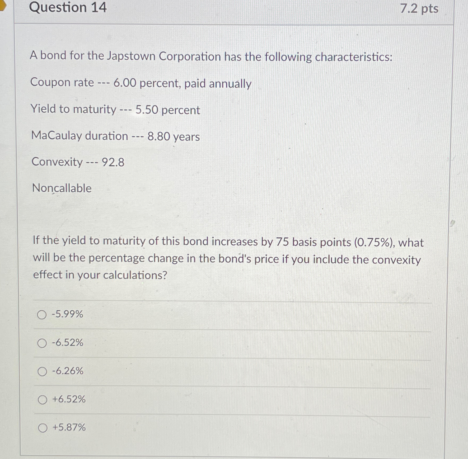  Question 14 7.2pts A bond for the Japstown Corporation has the