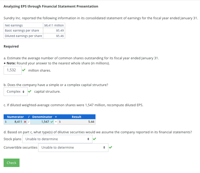  Analyzing EPS through Financial Statement Presentation Sundry Inc. reported the following