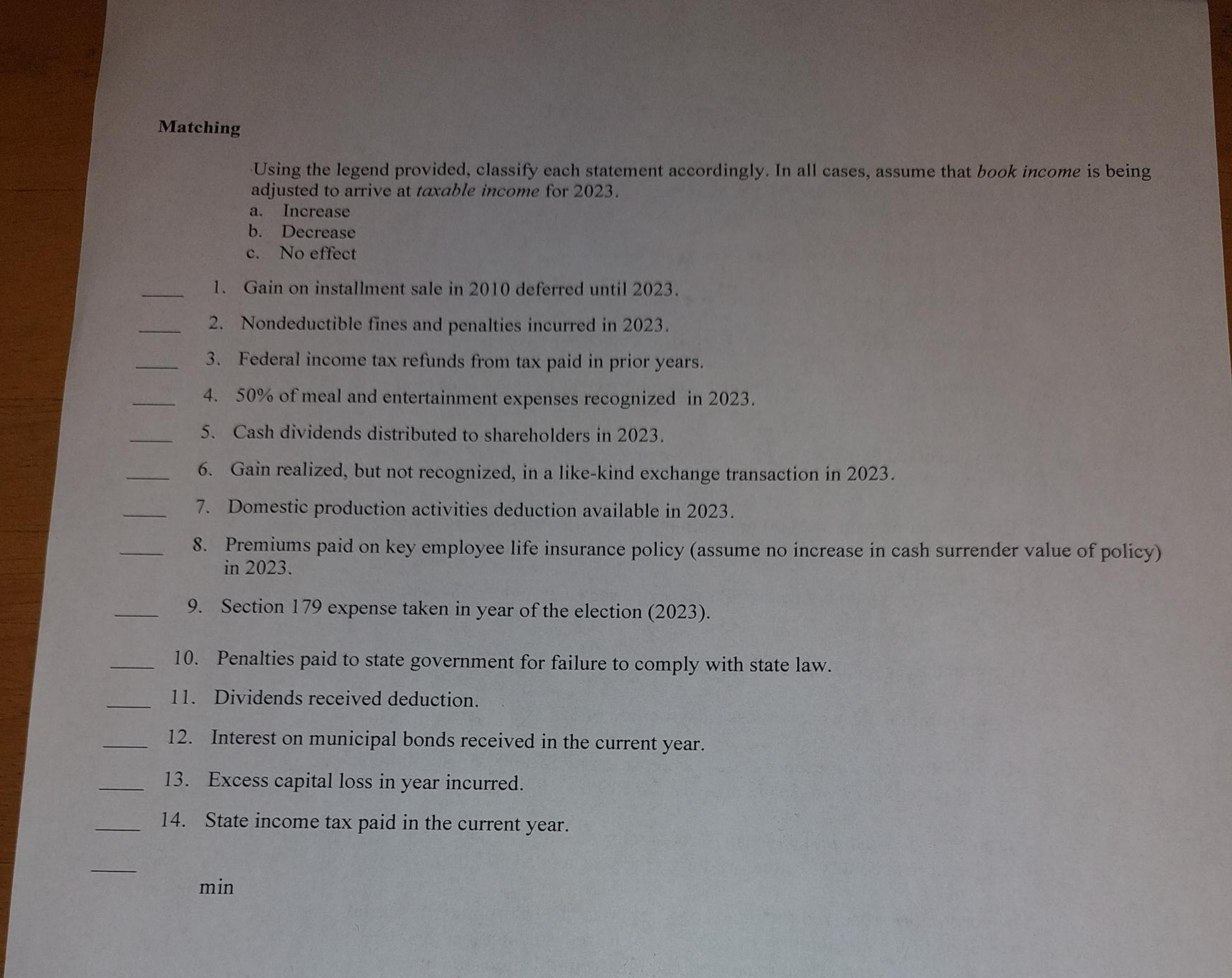  Matching Using the legend provided, classify each statement accordingly. In all