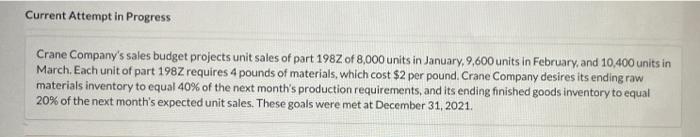  Current Attempt in Progress Crane Company's sales budget projects unit sales