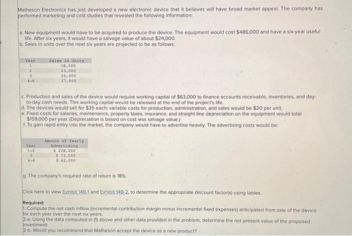  Matheson Electronics has just developed a new electronic device that it