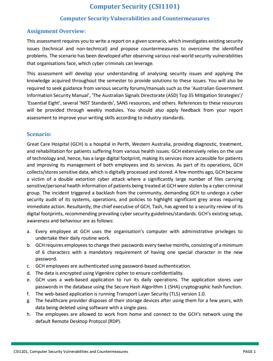  Computer Security (CSI1101) Computer Security Vulnerabilities and Countermeasures Assignment Overview: This