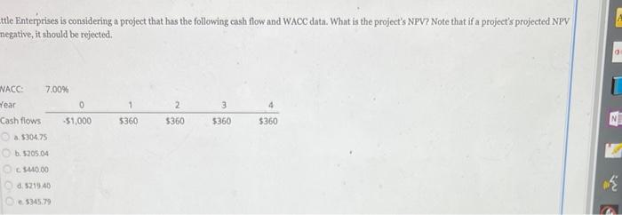  tle Einterprises is considering a project that has the following cash
