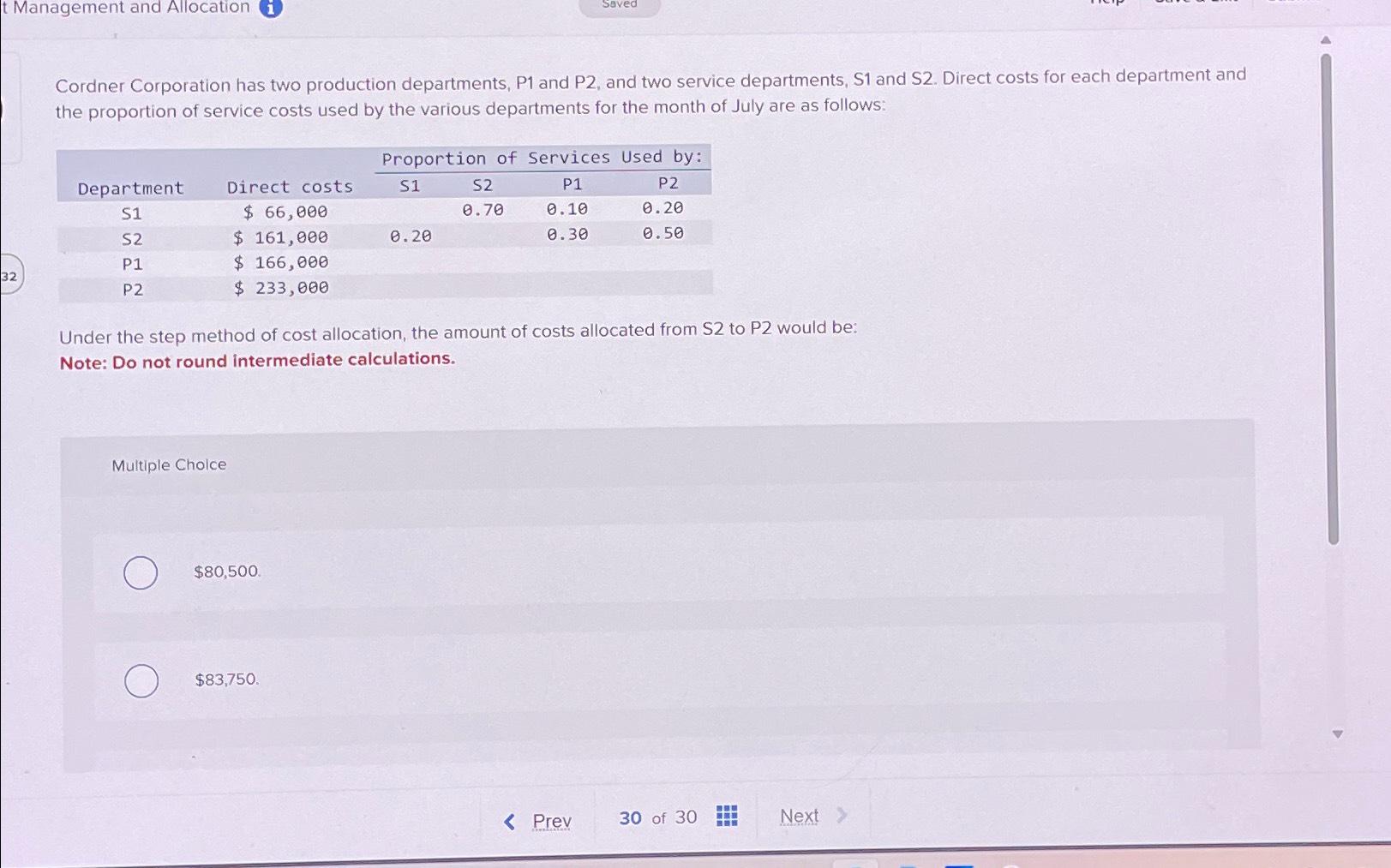  t Management and Allocation (i) Cordner Corporation has two production departments,