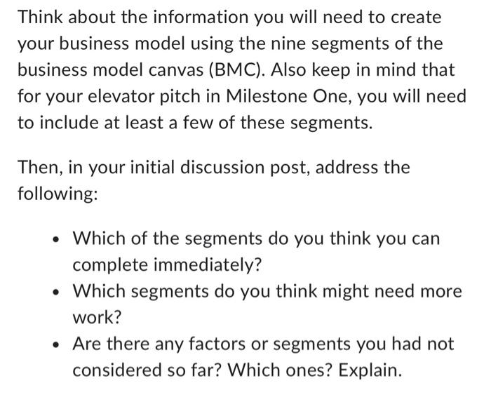 Think about the information you will need to create your business model