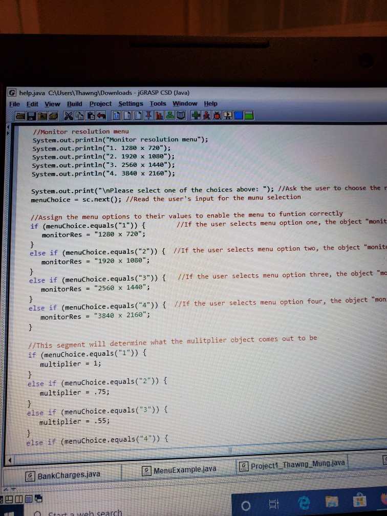 Choice = keyboard.next(); //Read the user's input for the munu selection sign